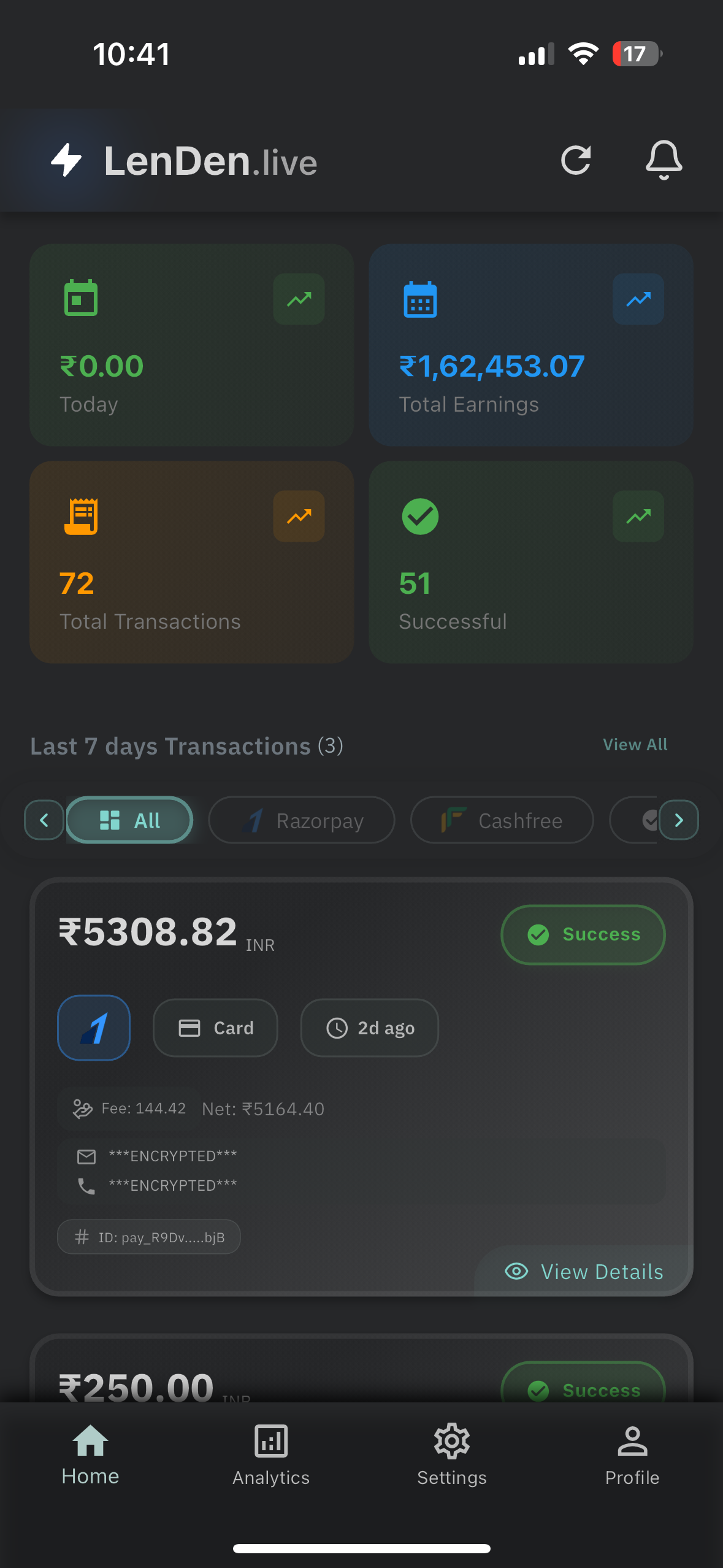 LenDen App Screenshot 1 - Payment Analytics Dashboard